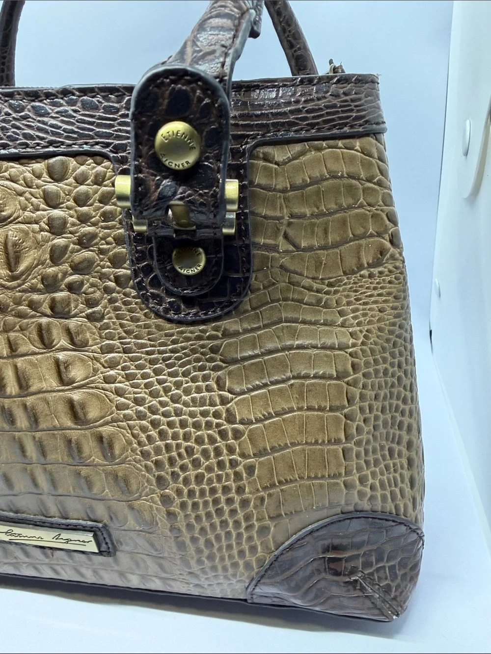 Vintage Etienne Aigner Two-Tone Croc-Embossed Top-Handle Satchel in Brown